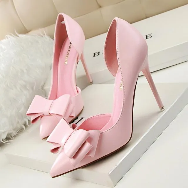 New Spring Autumn Women Elegant Pumps Sweet Bow High-heeled Shoes Thin Pink High Heel Shoes Hollow Pointed Heels