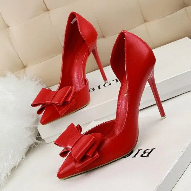 New Spring Autumn Women Elegant Pumps Sweet Bow High-heeled Shoes Thin Pink High Heel Shoes Hollow Pointed Heels