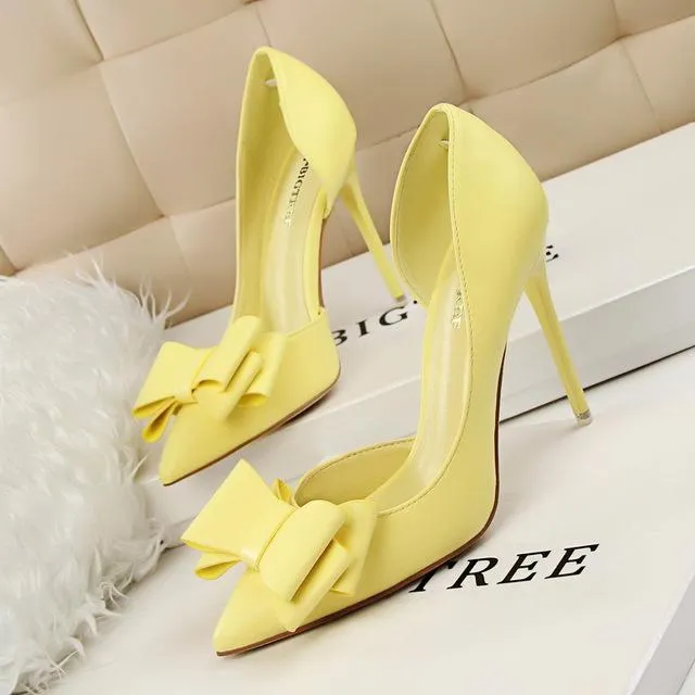 New Spring Autumn Women Elegant Pumps Sweet Bow High-heeled Shoes Thin Pink High Heel Shoes Hollow Pointed Heels