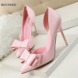 New Spring Autumn Women Elegant Pumps Sweet Bow High-heeled Shoes Thin Pink High Heel Shoes Hollow Pointed Heels