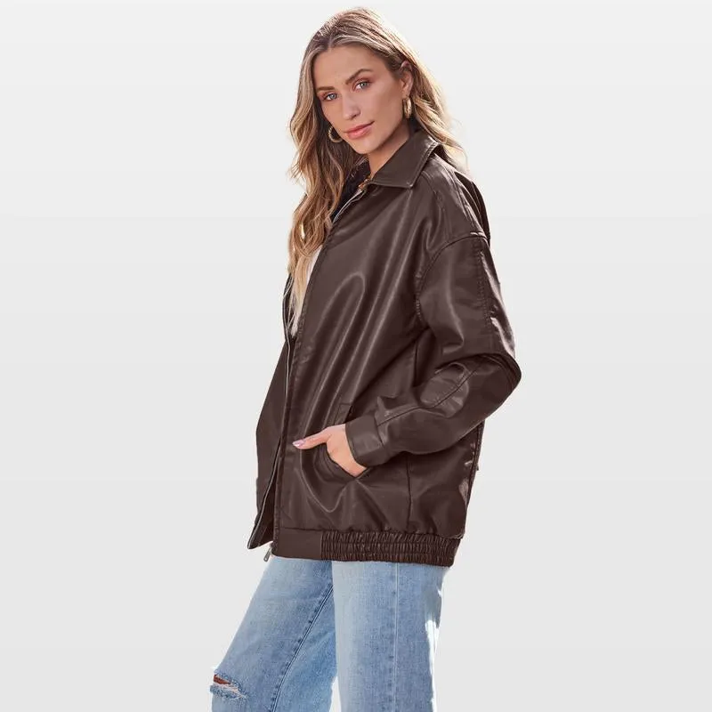 Oversized Faux Leather Zip Up Jacket