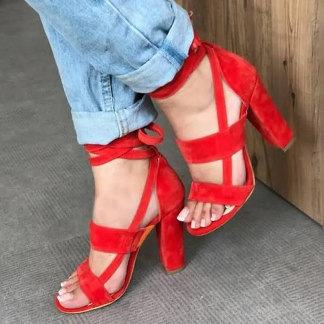 Plus Size Female Ankle Strap High Heels Flock Gladiator Shoes Lace Up Thick Heel Fashion Hollow Women Party Wedding Pumps