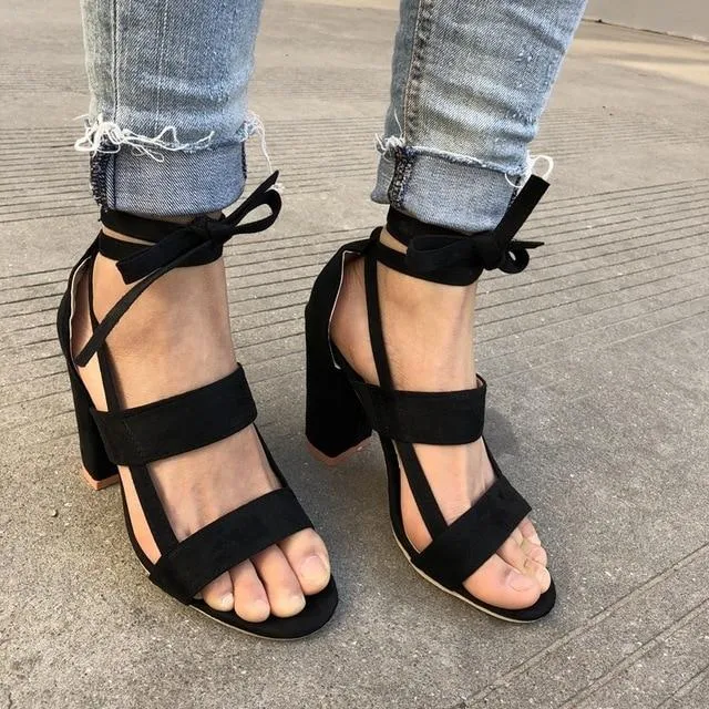 Plus Size Female Ankle Strap High Heels Flock Gladiator Shoes Lace Up Thick Heel Fashion Hollow Women Party Wedding Pumps