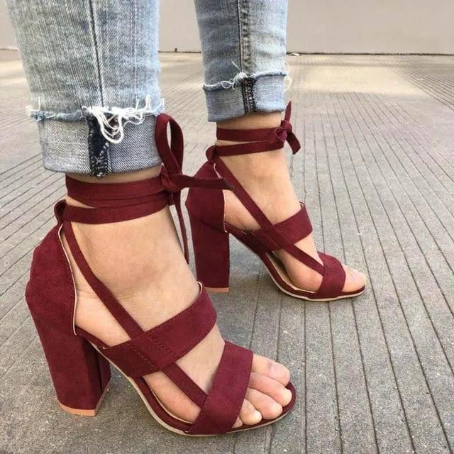 Plus Size Female Ankle Strap High Heels Flock Gladiator Shoes Lace Up Thick Heel Fashion Hollow Women Party Wedding Pumps