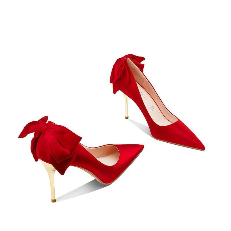 Pointed Toe Stiletto Evening Dress Shoes Bow High Heels