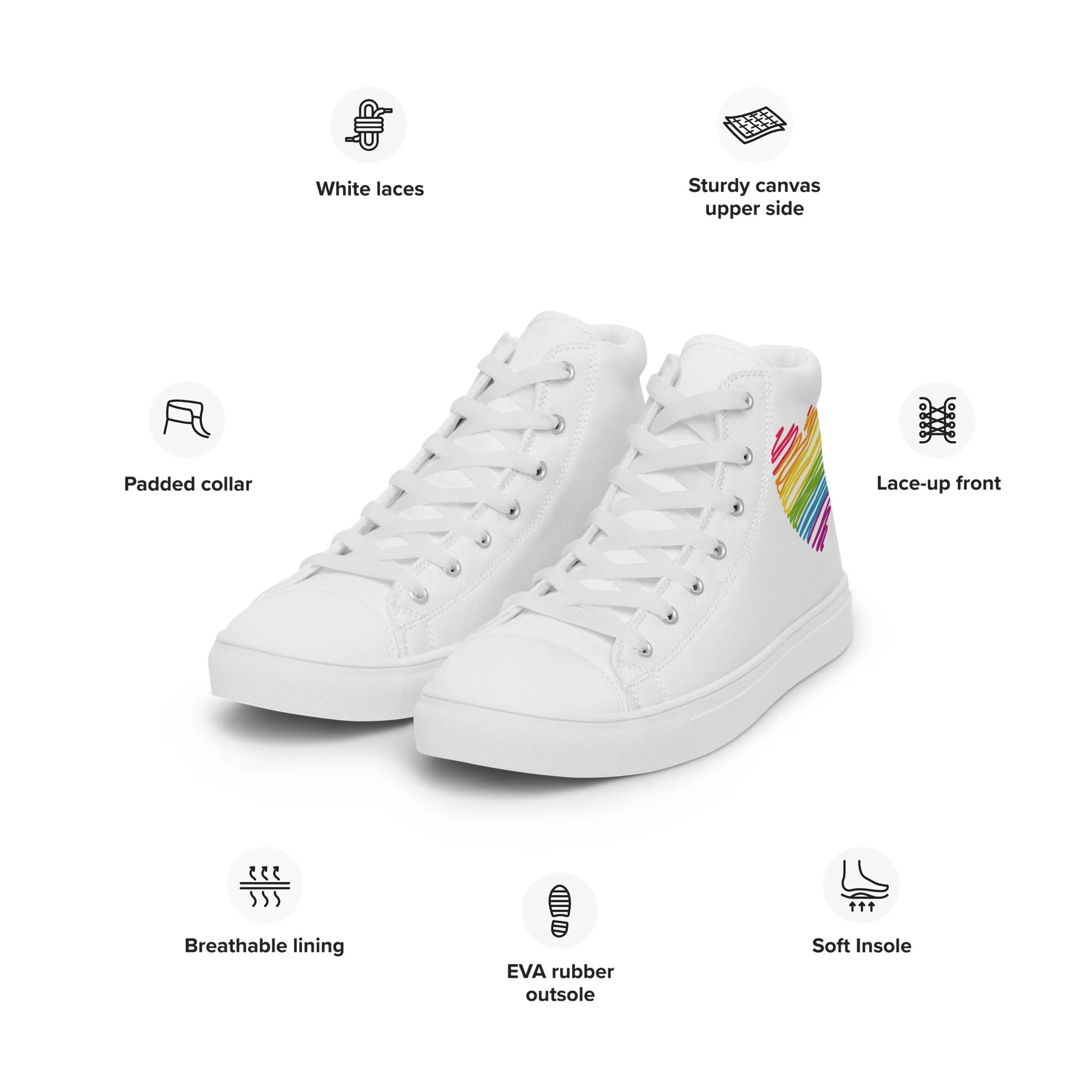 Rainbow Scribble Heart White High Top Trainers (male sizes)