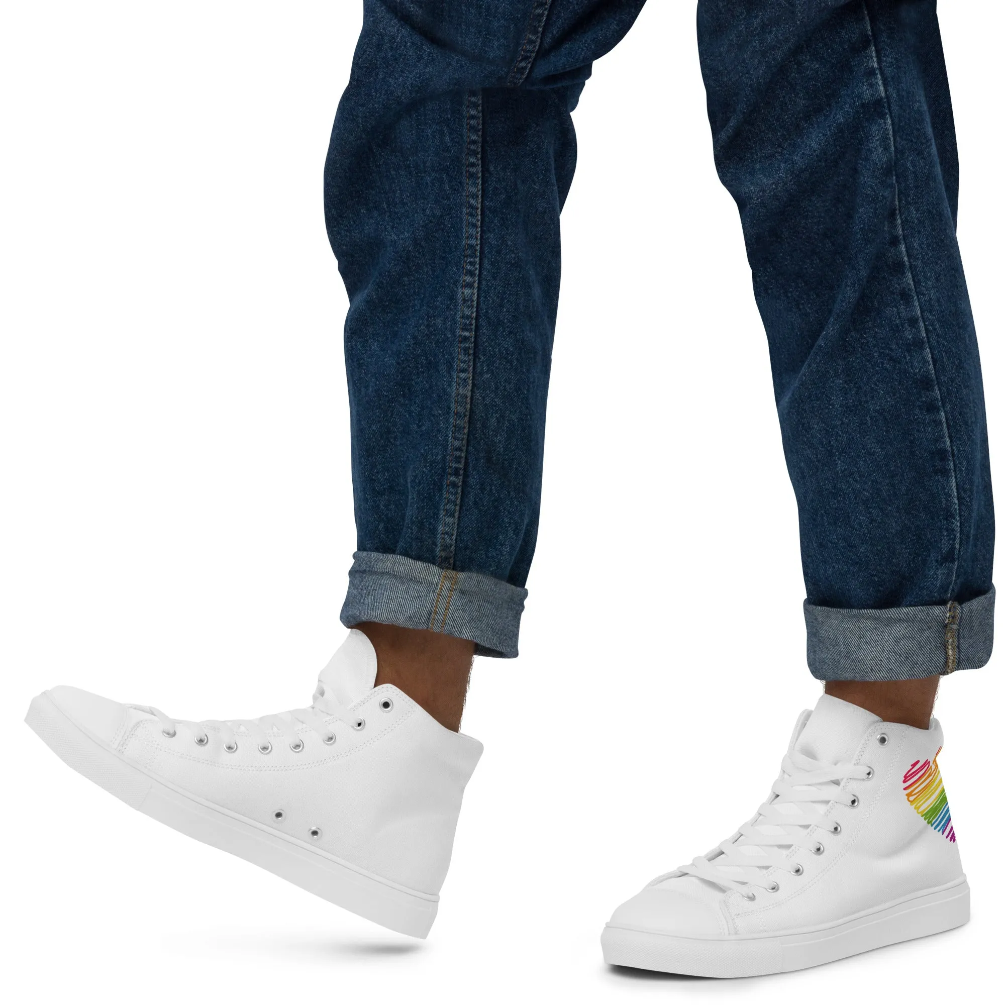 Rainbow Scribble Heart White High Top Trainers (male sizes)