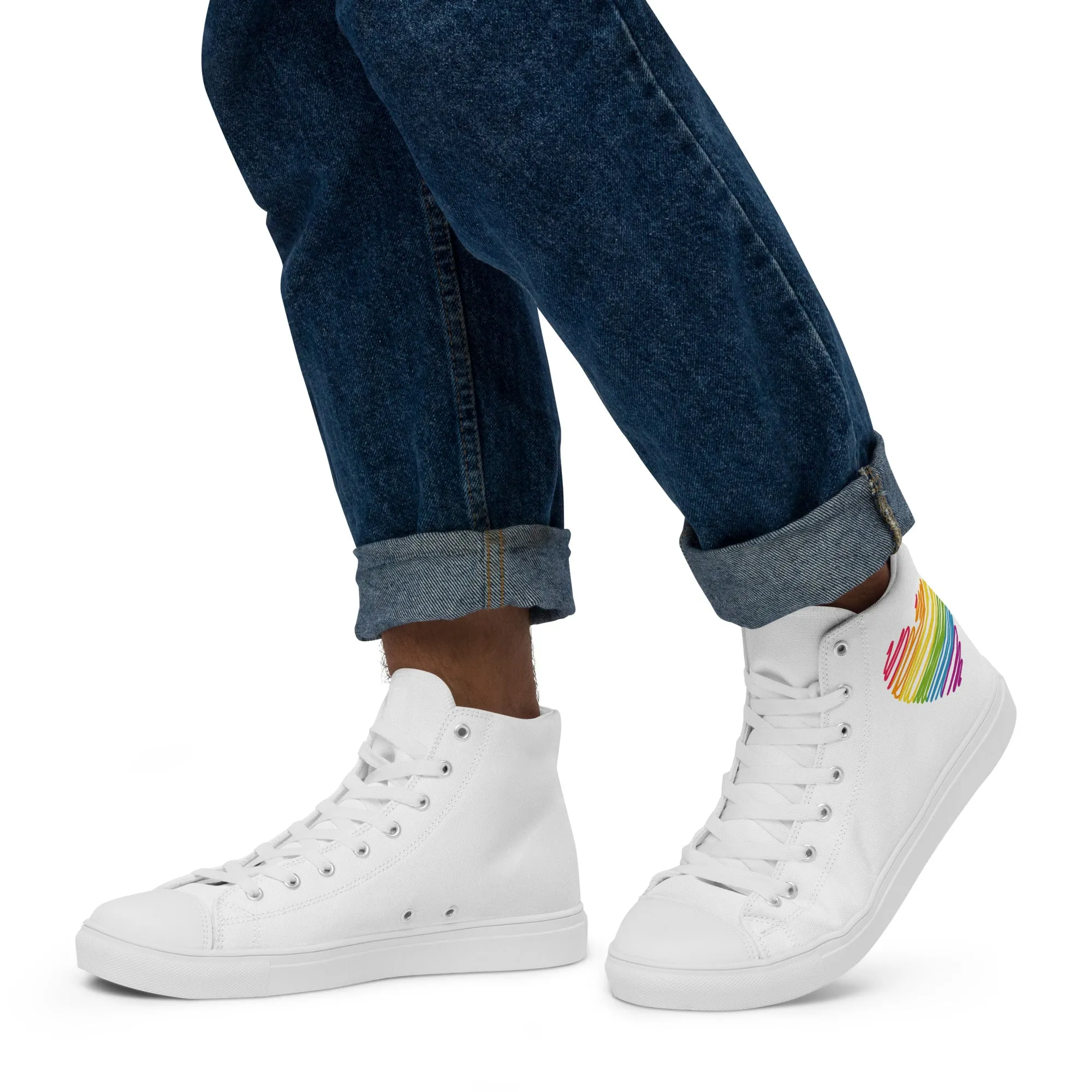 Rainbow Scribble Heart White High Top Trainers (male sizes)