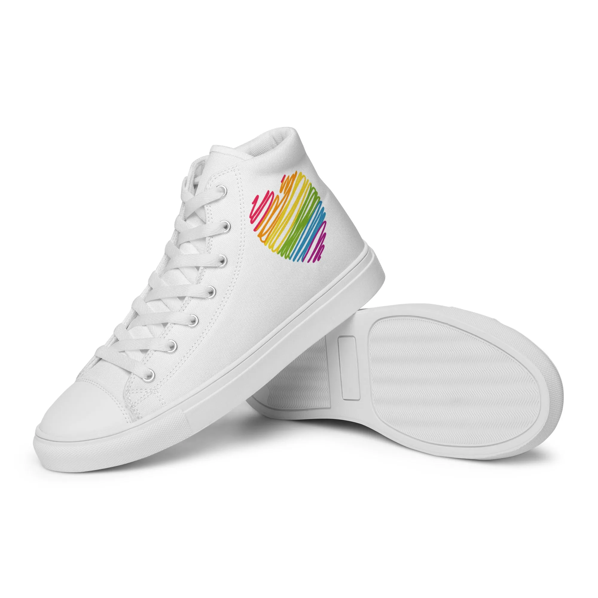 Rainbow Scribble Heart White High Top Trainers (male sizes)