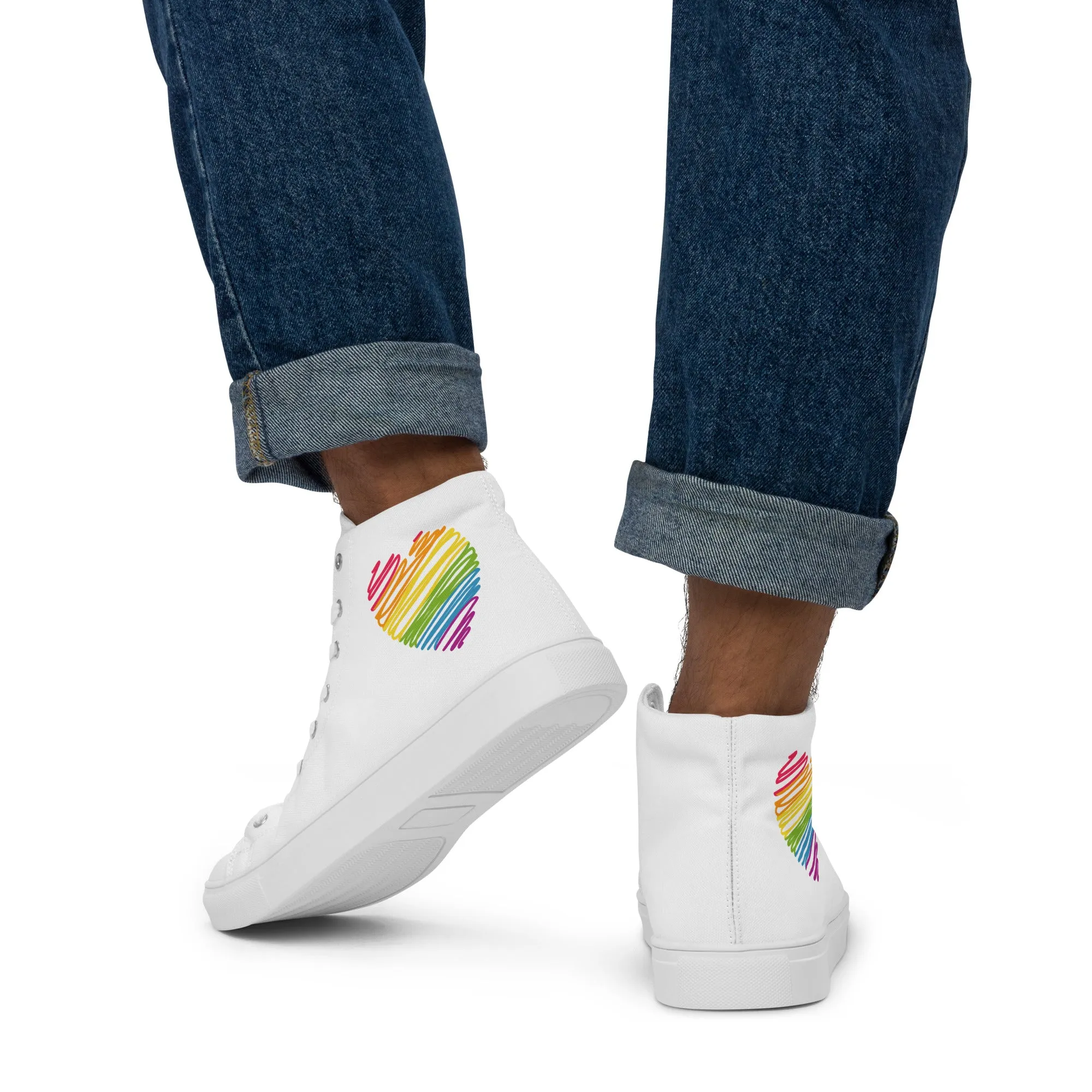 Rainbow Scribble Heart White High Top Trainers (male sizes)