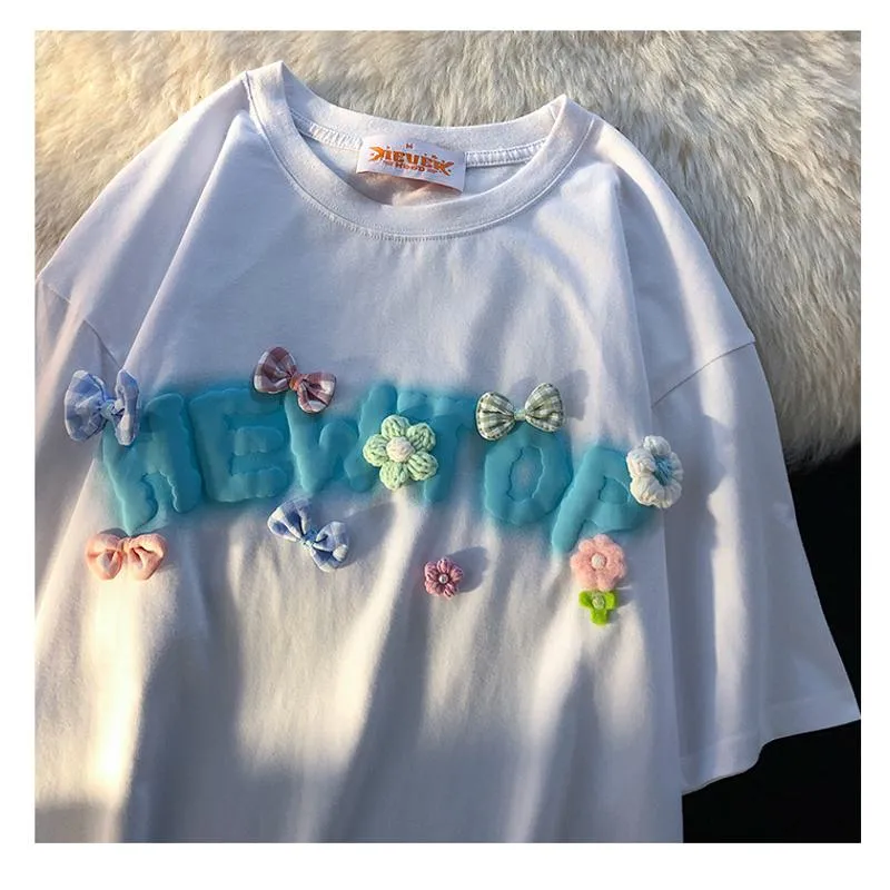 Round Neck Flower Print Loose Fit Foam Decoration Cotton Short Sleeve Tee