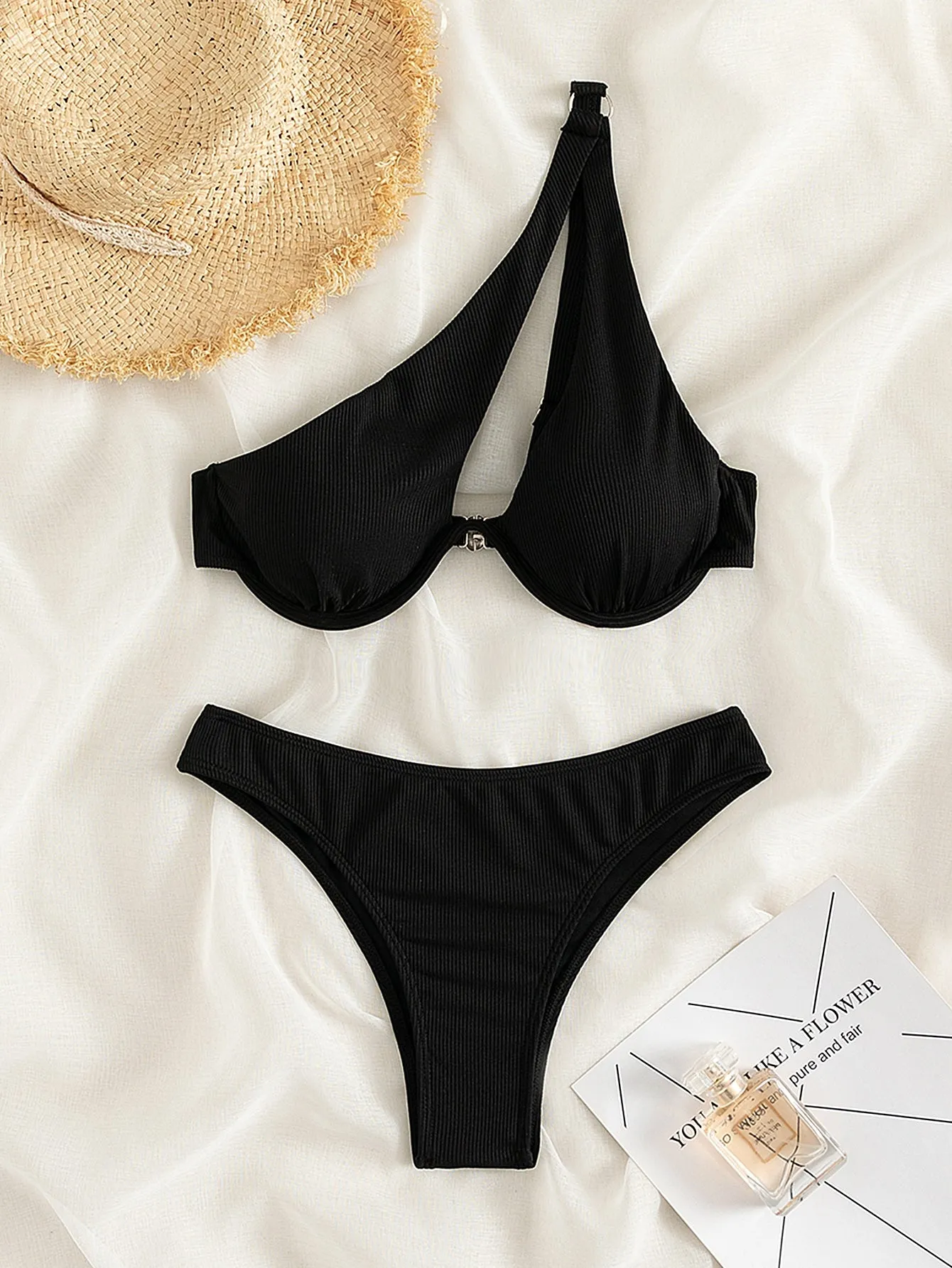 SHEIN Swim Summer Beach Rib Ruched One Shoulder Underwire Bikini Swimsuit