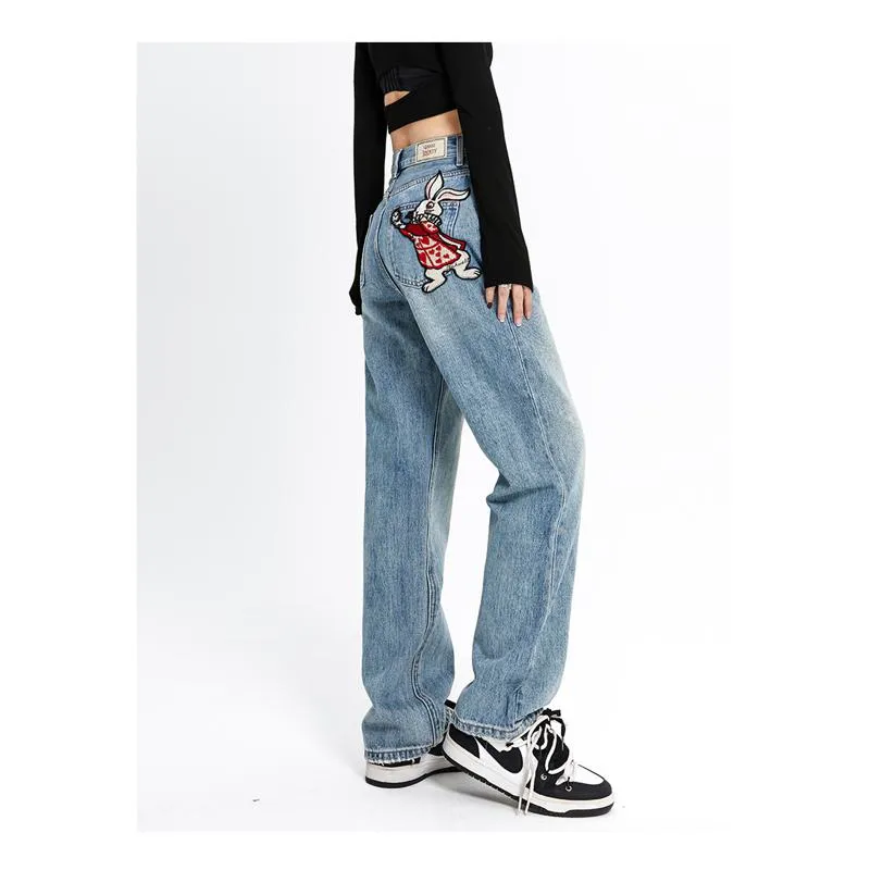 Slimming Little Rabbit Loose-Fit Straight High-Waisted Embroidery Jeans