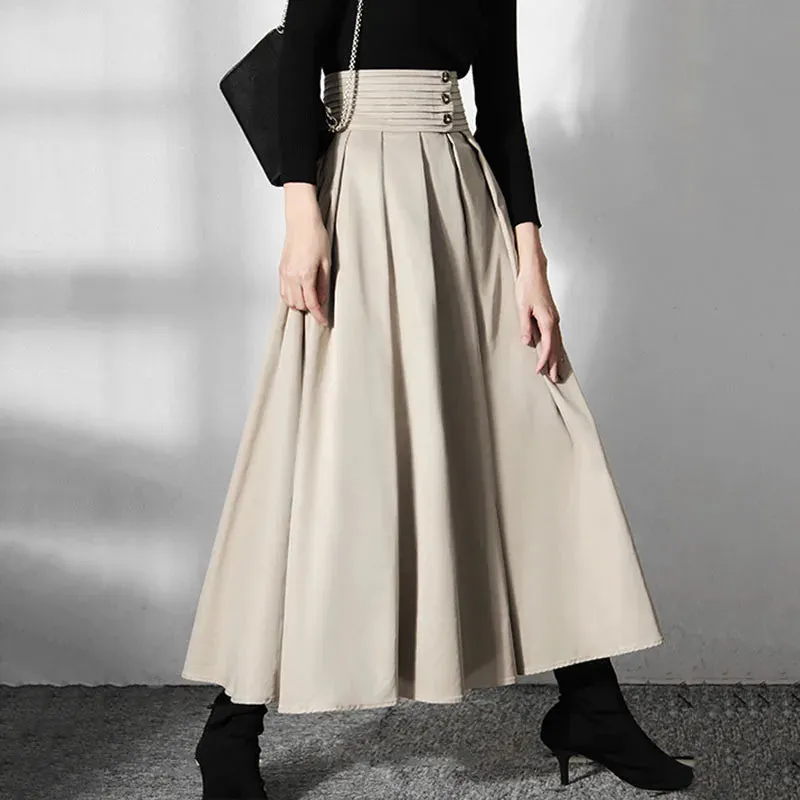 Solid Casual Long Skirts For Women High Waist Fold Pleated Korean Fashion Loose Skirts Womens Autumn Clothing