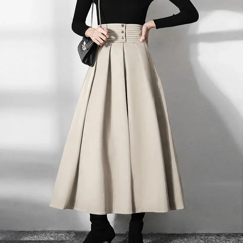 Solid Casual Long Skirts For Women High Waist Fold Pleated Korean Fashion Loose Skirts Womens Autumn Clothing