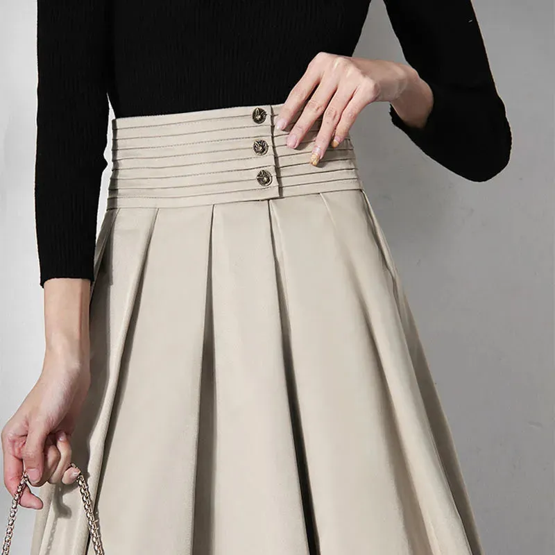 Solid Casual Long Skirts For Women High Waist Fold Pleated Korean Fashion Loose Skirts Womens Autumn Clothing