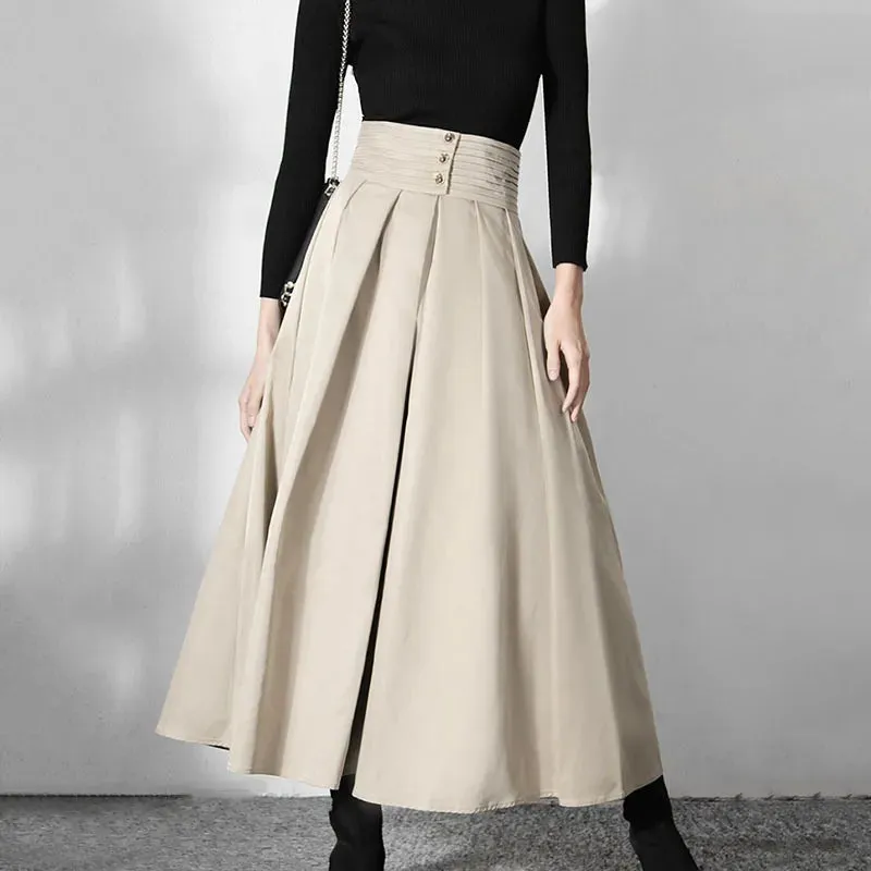 Solid Casual Long Skirts For Women High Waist Fold Pleated Korean Fashion Loose Skirts Womens Autumn Clothing