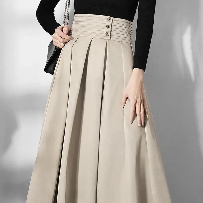 Solid Casual Long Skirts For Women High Waist Fold Pleated Korean Fashion Loose Skirts Womens Autumn Clothing