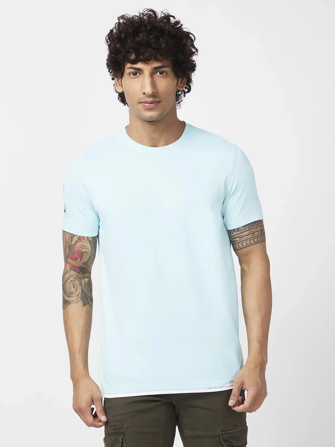 Spykar Men Bleached Aqua Blended Slim Fit Half Sleeve Round Neck Plain Tshirt