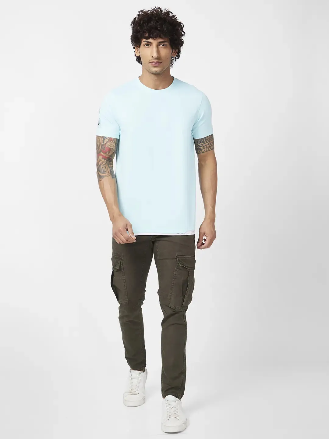 Spykar Men Bleached Aqua Blended Slim Fit Half Sleeve Round Neck Plain Tshirt