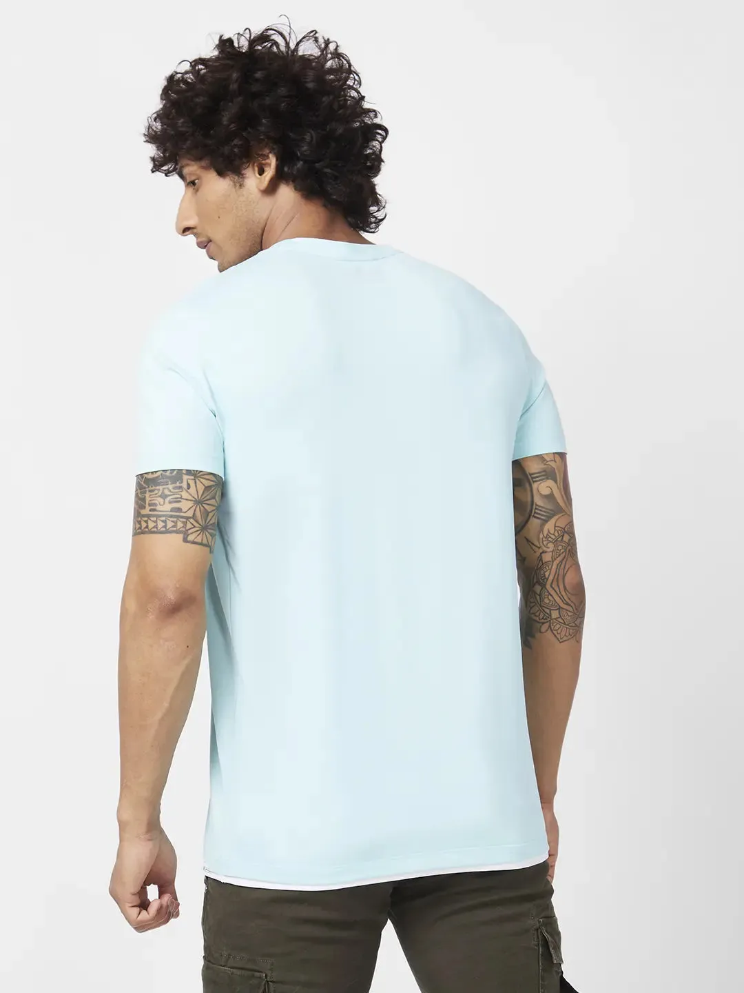 Spykar Men Bleached Aqua Blended Slim Fit Half Sleeve Round Neck Plain Tshirt