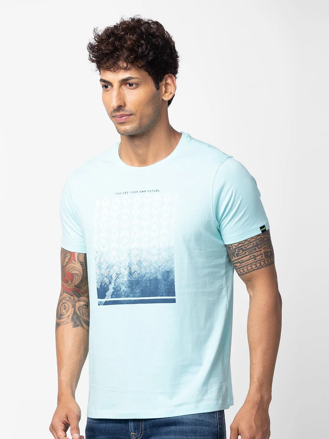 Spykar Men Bleached Aqua Cotton Regular Fit Half Sleeve Printed T-Shirt