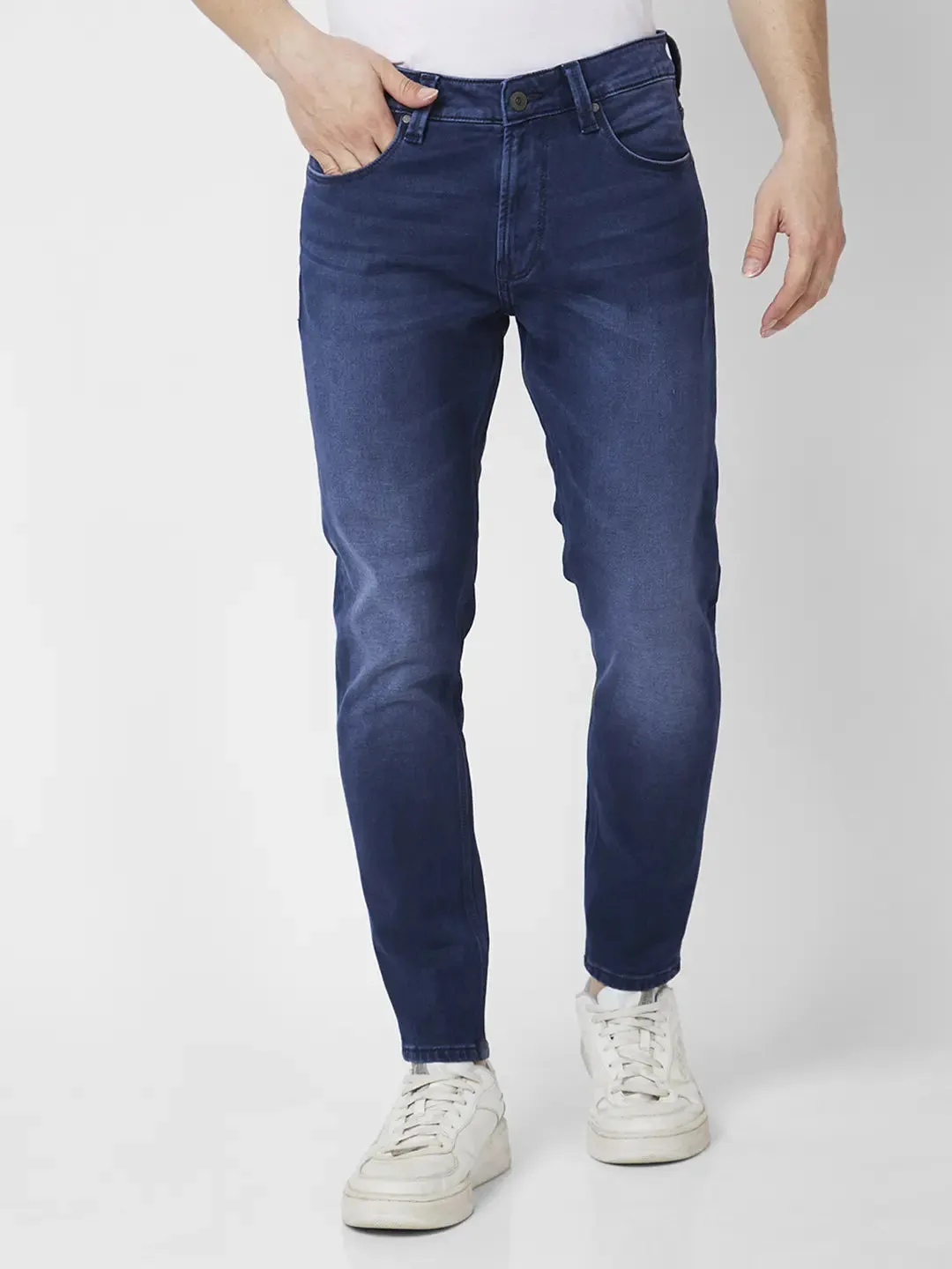 Spykar Men Dark Blue Cotton Stretch Slim Fit Tapered Length Clean Look Mid Rise Jeans (Kano)