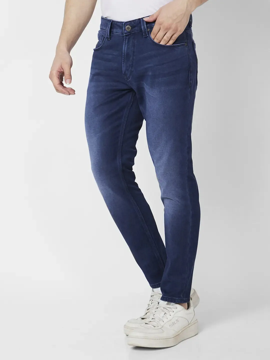 Spykar Men Dark Blue Cotton Stretch Slim Fit Tapered Length Clean Look Mid Rise Jeans (Kano)