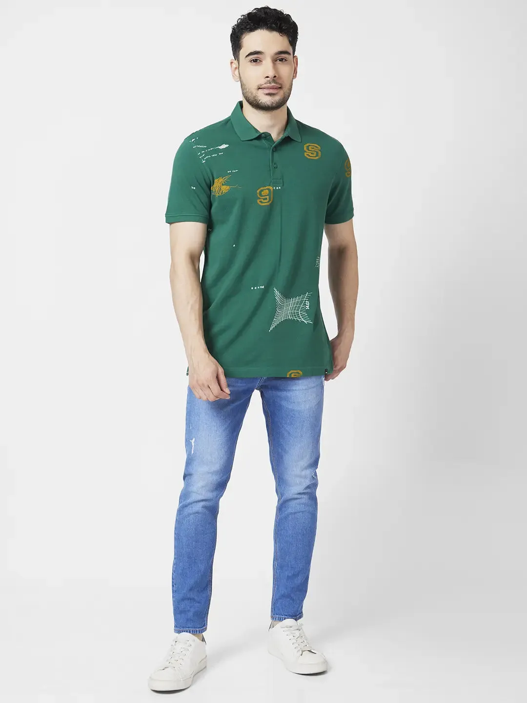 Spykar Men Dark Green Cotton Slim Fit Half Sleeve Polo Neck Printed Tshirt