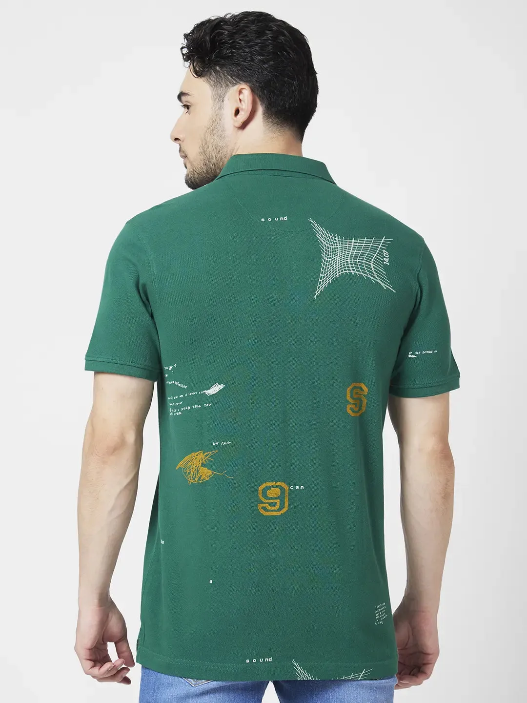 Spykar Men Dark Green Cotton Slim Fit Half Sleeve Polo Neck Printed Tshirt