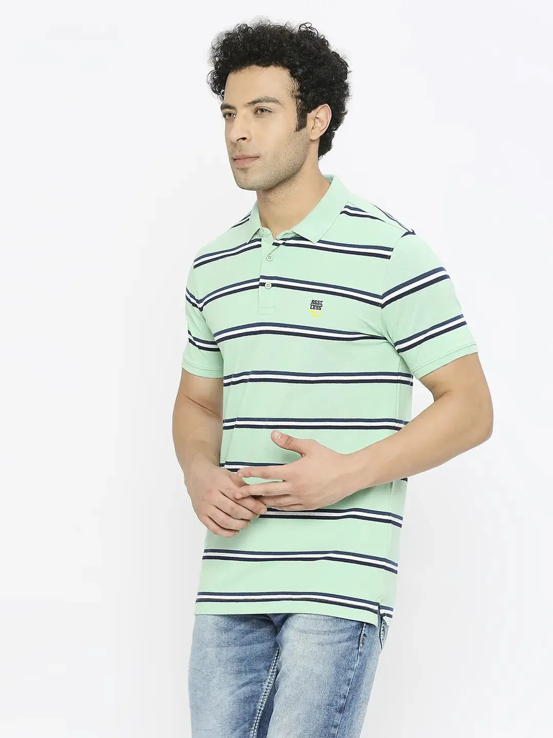 Spykar Men Dusty Ice Green Blended Regular Fit Half Sleeve Striped Polo Tshirt