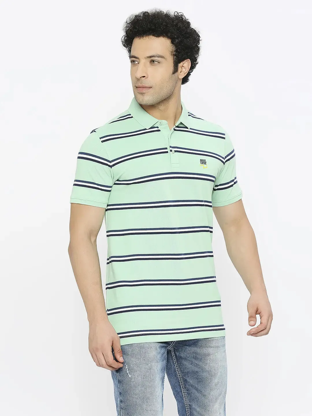 Spykar Men Dusty Ice Green Blended Regular Fit Half Sleeve Striped Polo Tshirt