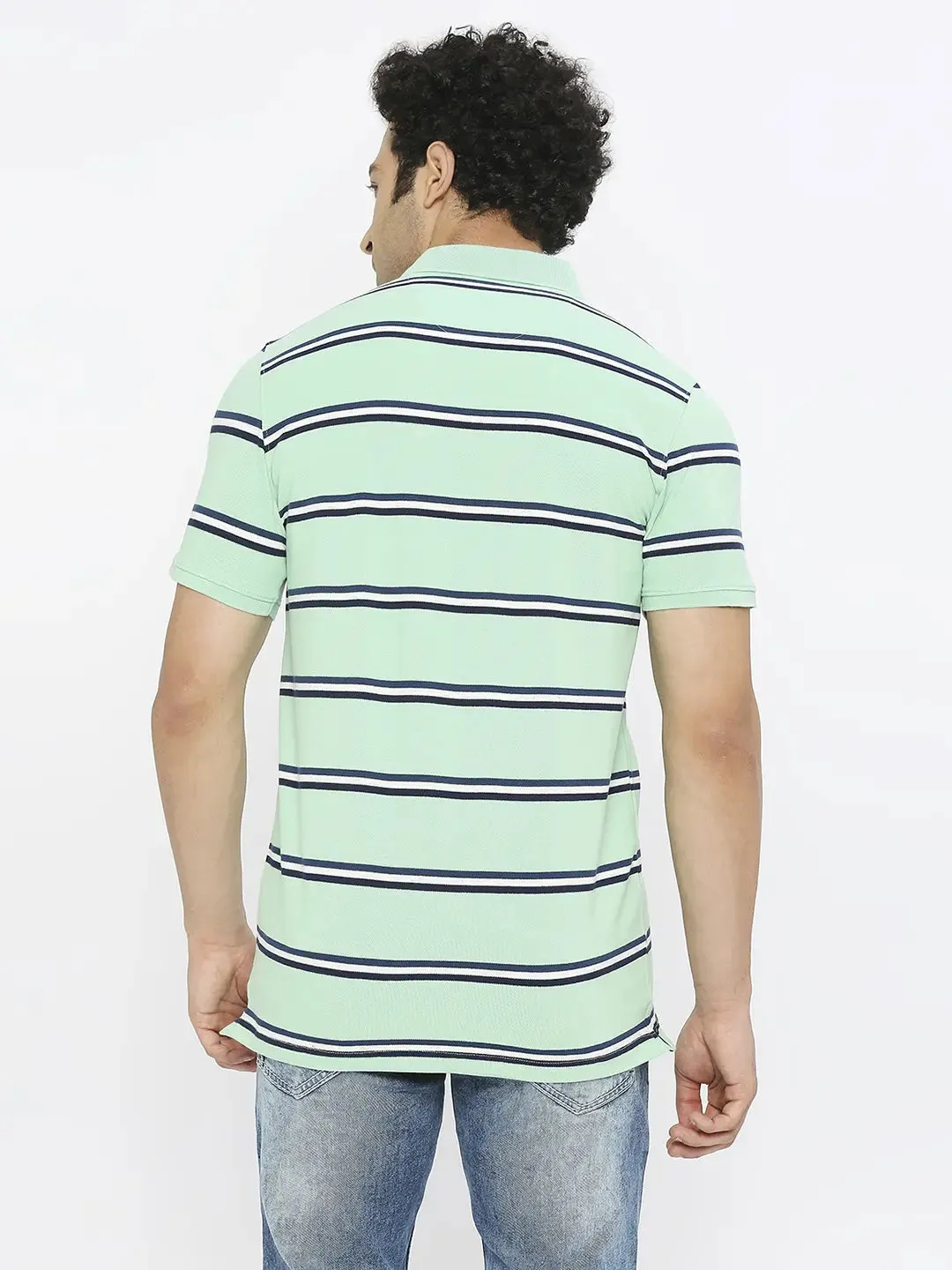 Spykar Men Dusty Ice Green Blended Regular Fit Half Sleeve Striped Polo Tshirt