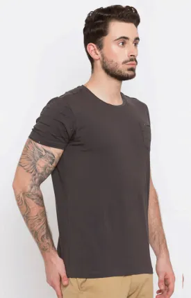 Spykar Men Khaki Cotton Slim Fit Plain T-Shirt