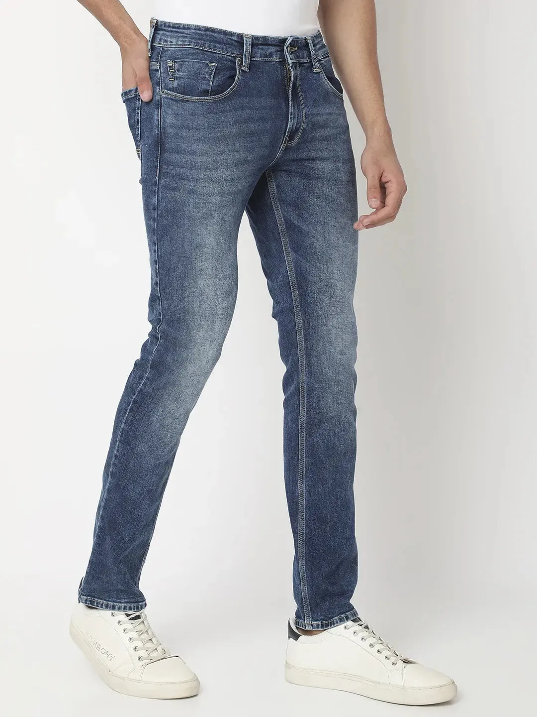 Spykar Men Mid Blue Cotton Stretch Regular Fit Narrow Length Clean Look Mid Rise Jeans - (Rover)