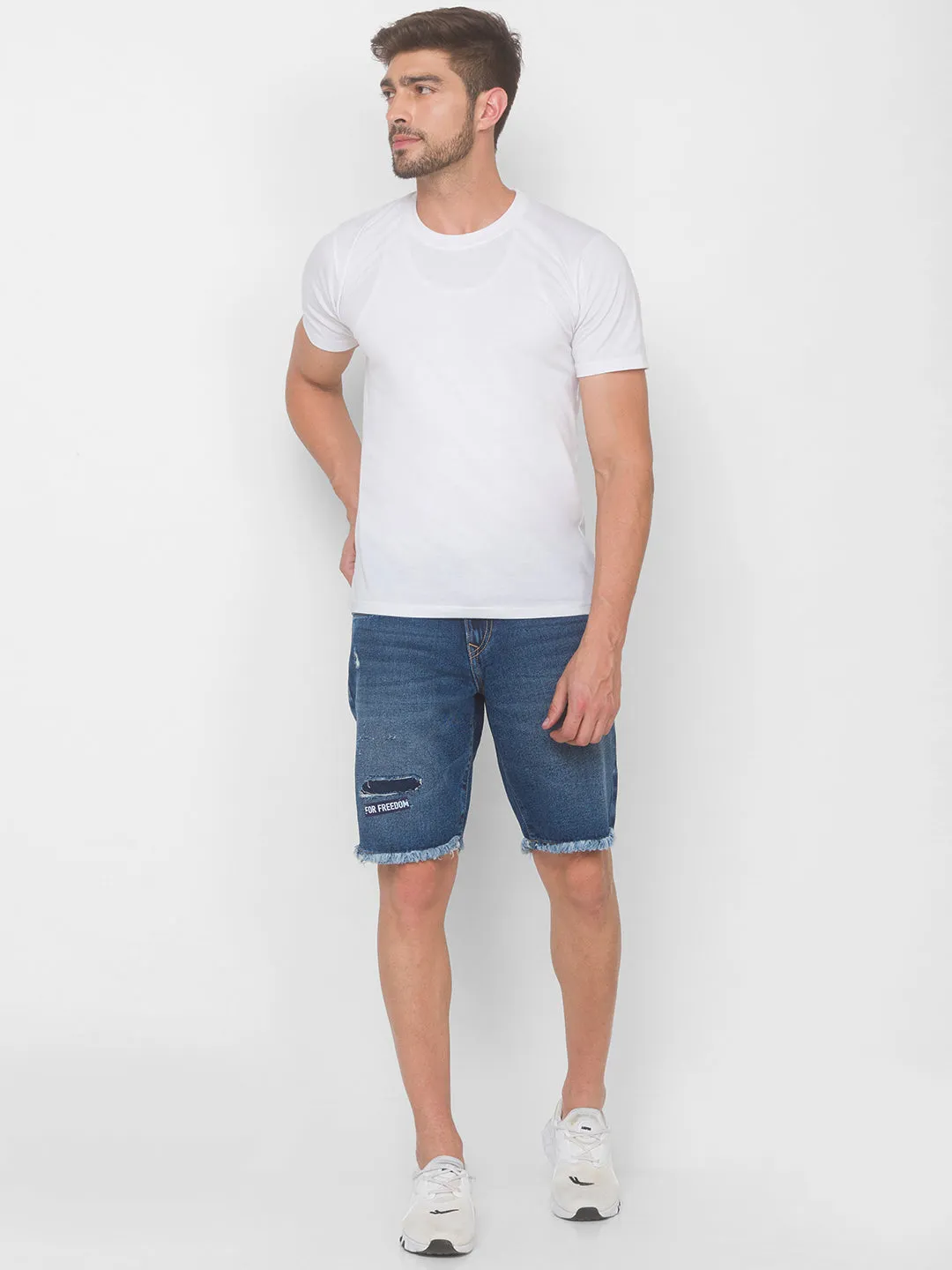 Spykar Men Mid Blue Solid Relaxed Fit Low-Rise Denim Shorts