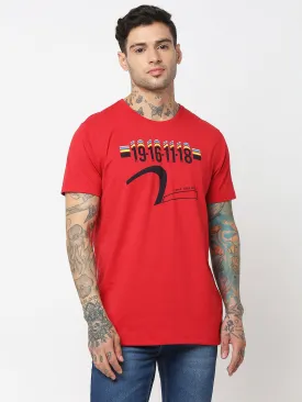 Spykar Men Red Cotton Slim Fit Round Neck Printed T-Shirt