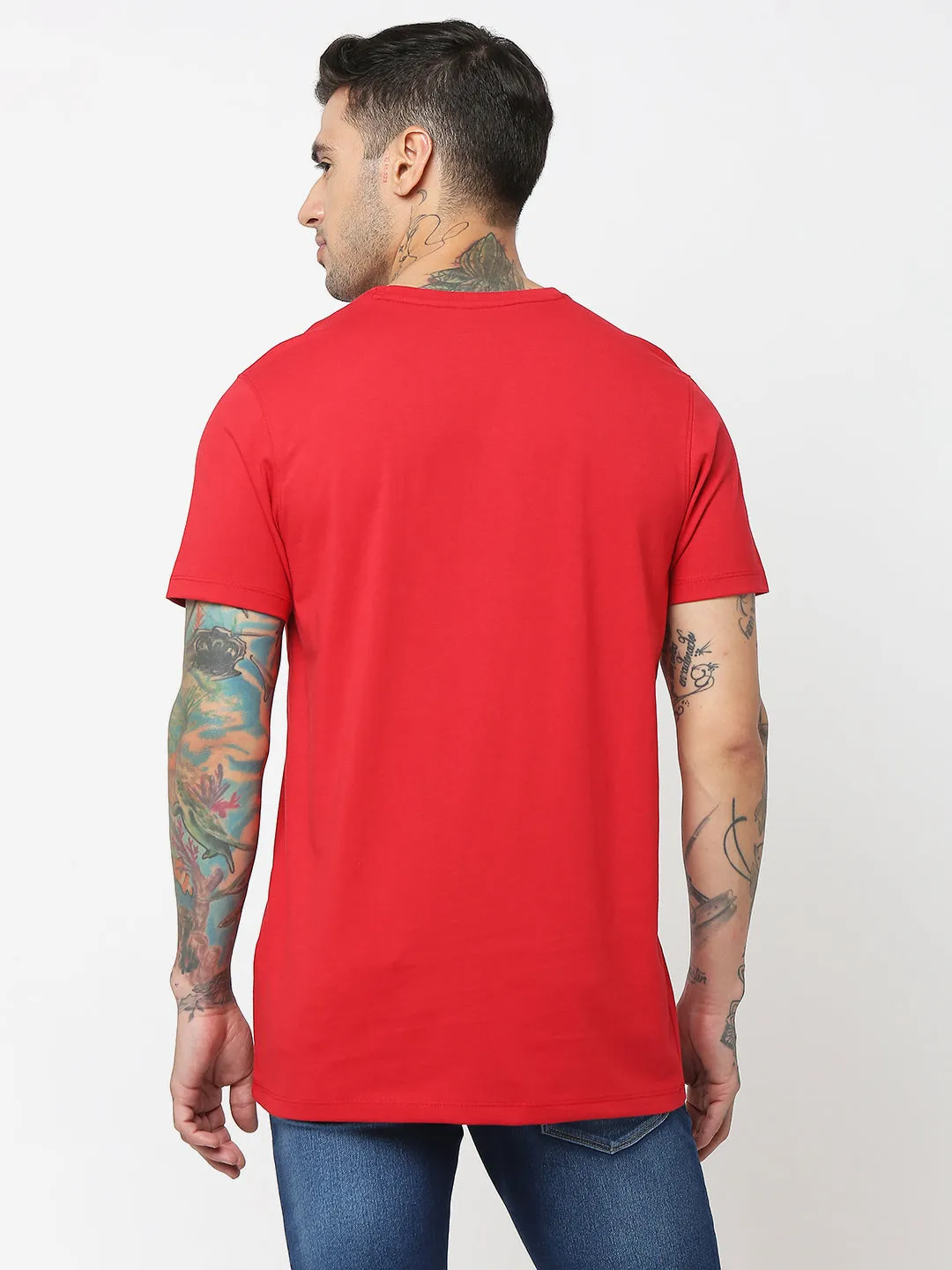 Spykar Men Red Cotton Slim Fit Round Neck Printed T-Shirt