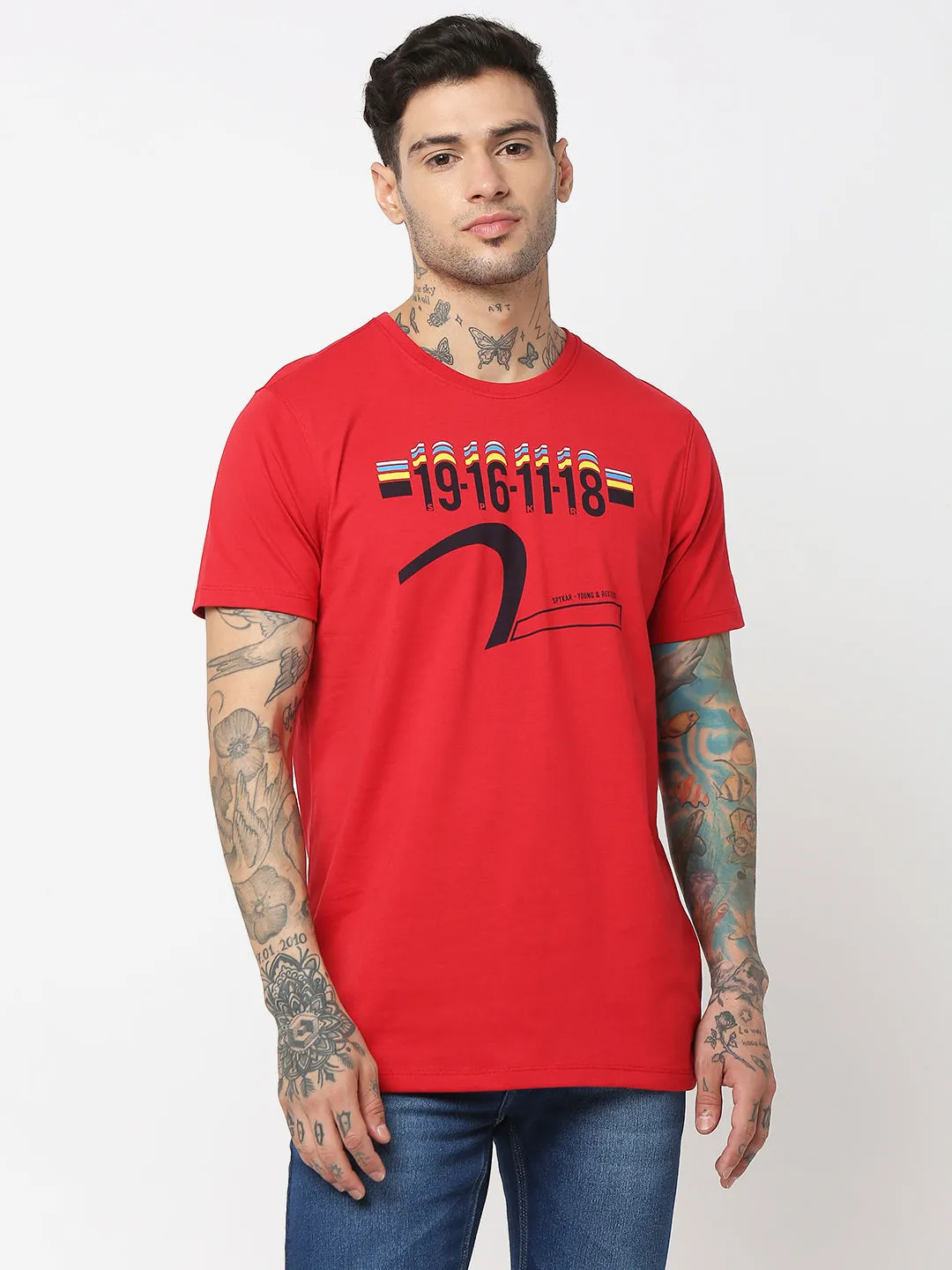 Spykar Men Red Cotton Slim Fit Round Neck Printed T-Shirt