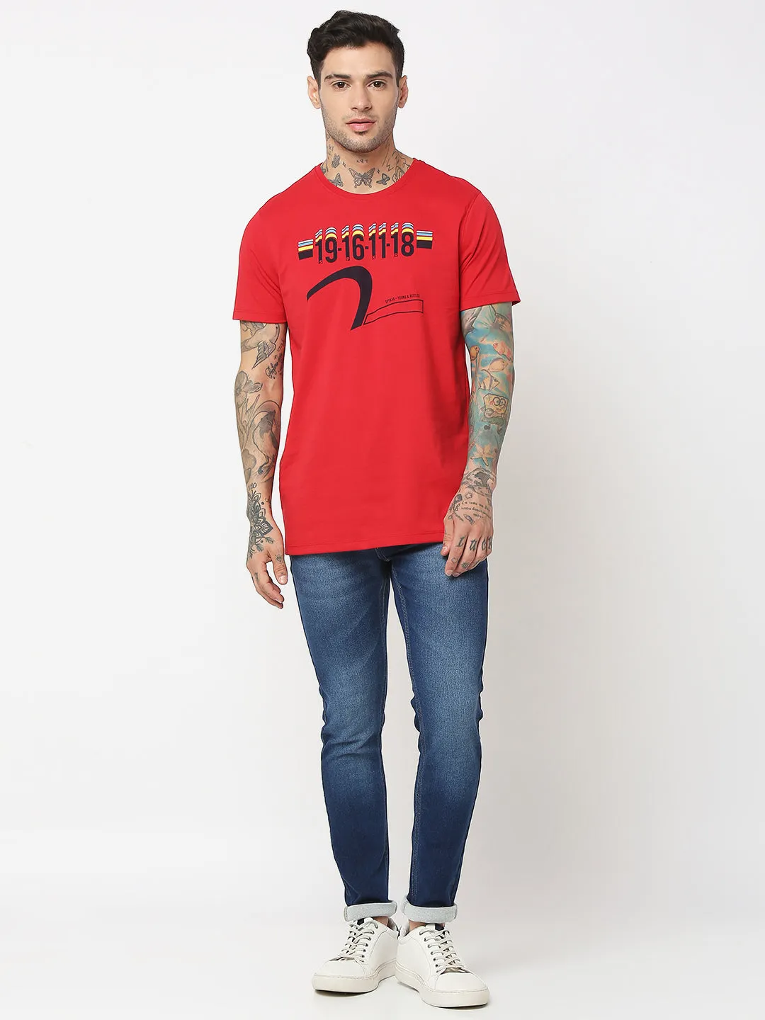 Spykar Men Red Cotton Slim Fit Round Neck Printed T-Shirt