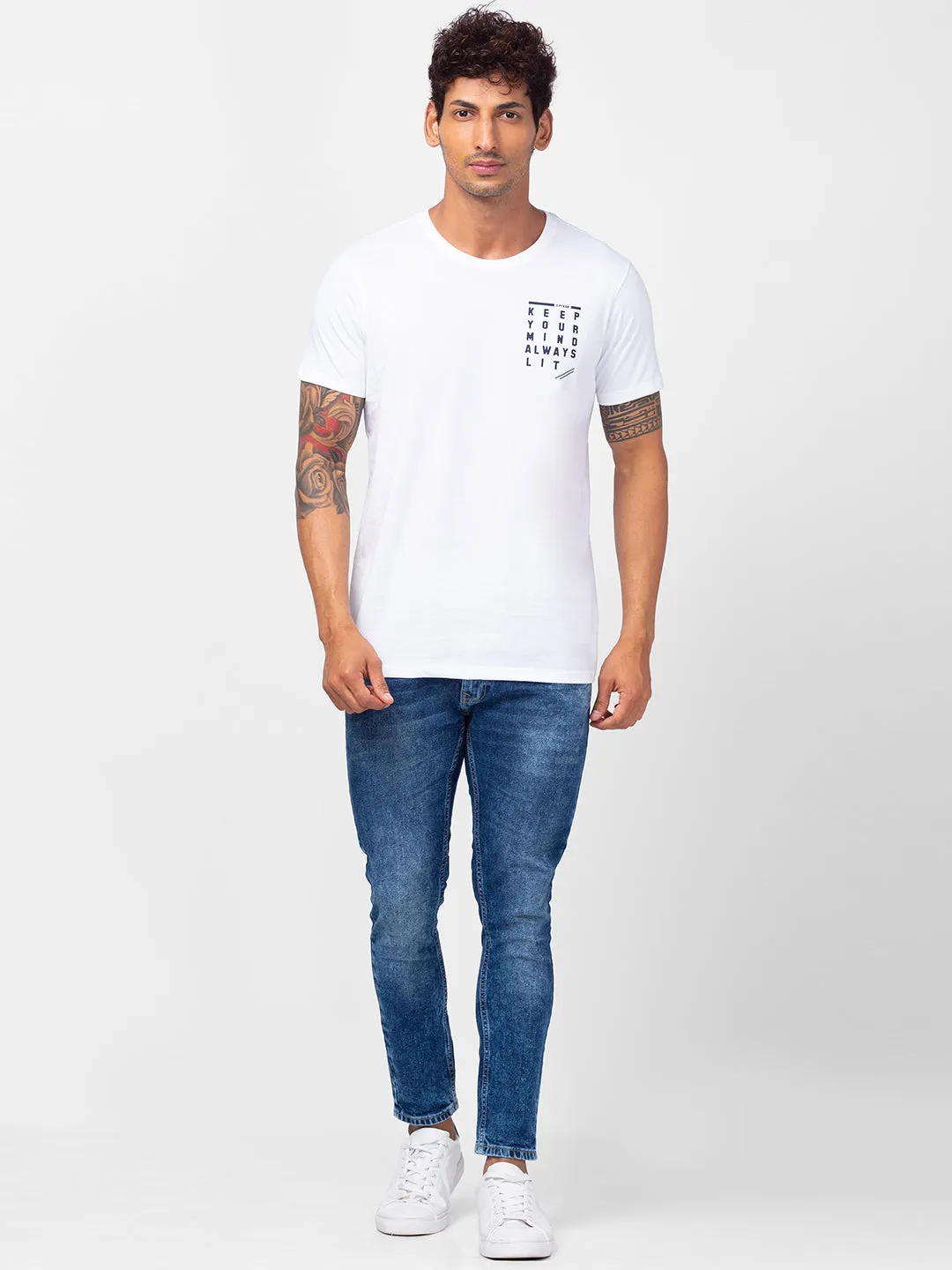 Spykar Men White Cotton Slim Fit Round Neck Plain T-Shirt