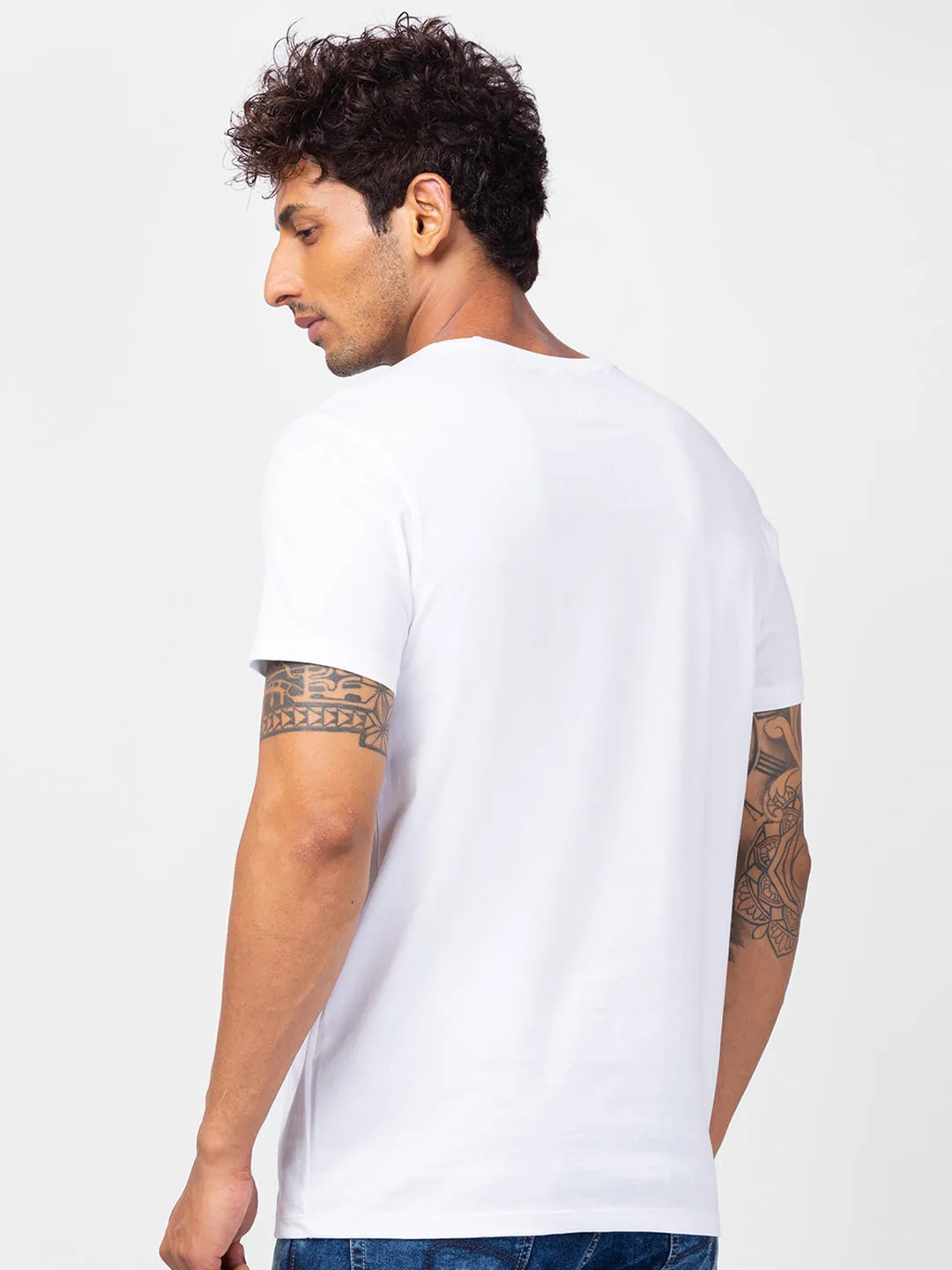 Spykar Men White Cotton Slim Fit Round Neck Plain T-Shirt