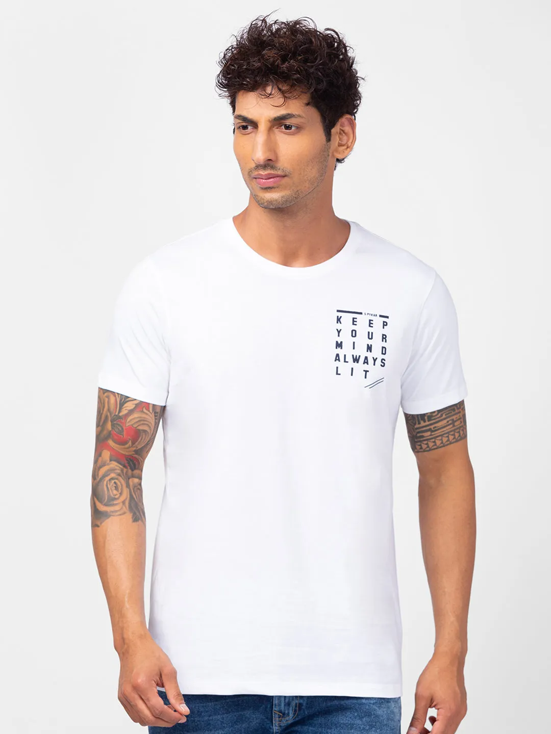 Spykar Men White Cotton Slim Fit Round Neck Plain T-Shirt