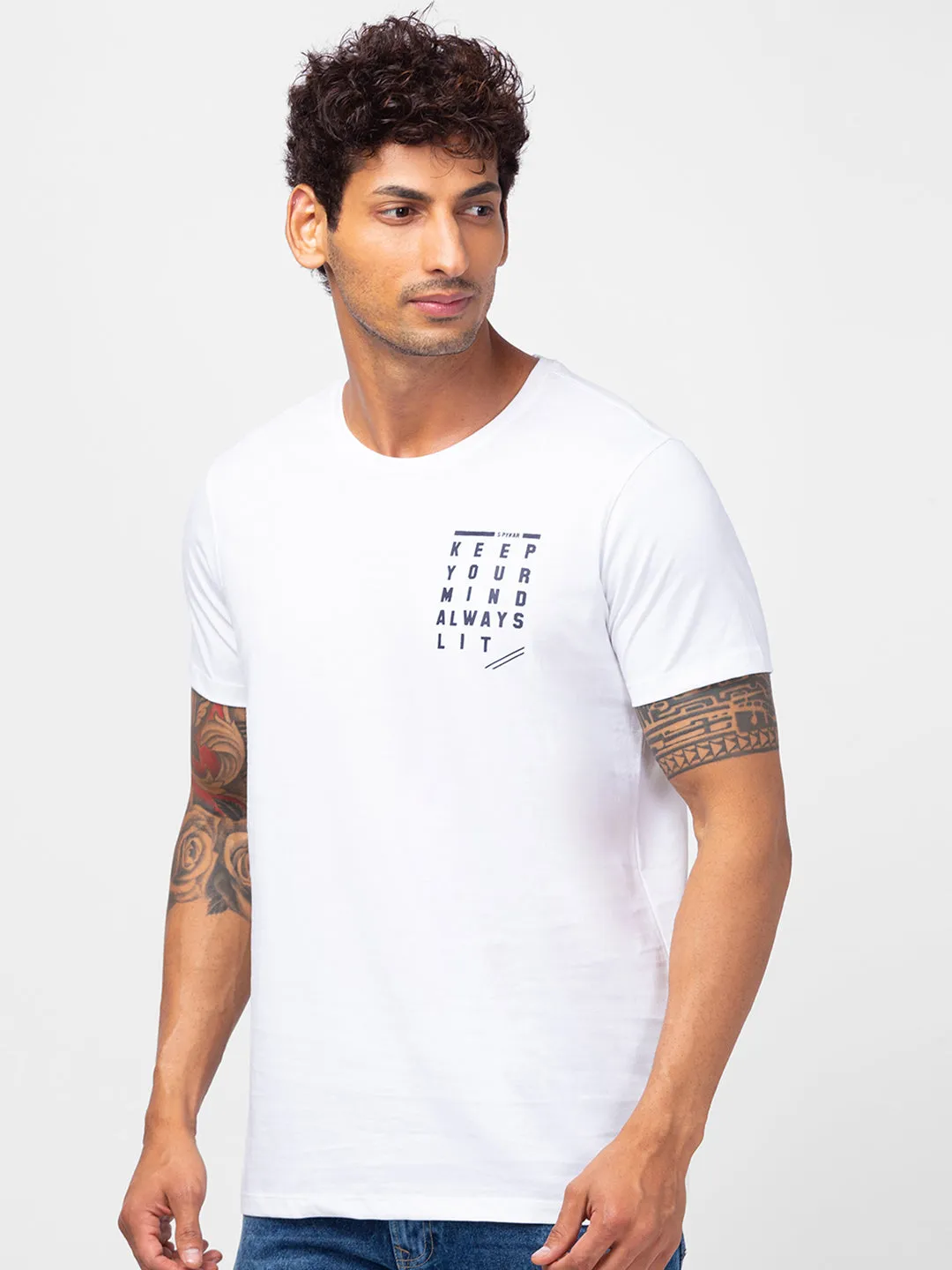 Spykar Men White Cotton Slim Fit Round Neck Plain T-Shirt