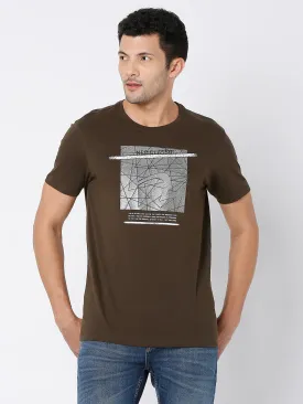 Spykar Military Olive Cotton Half Sleeve Printed Casual T-Shirt For Men