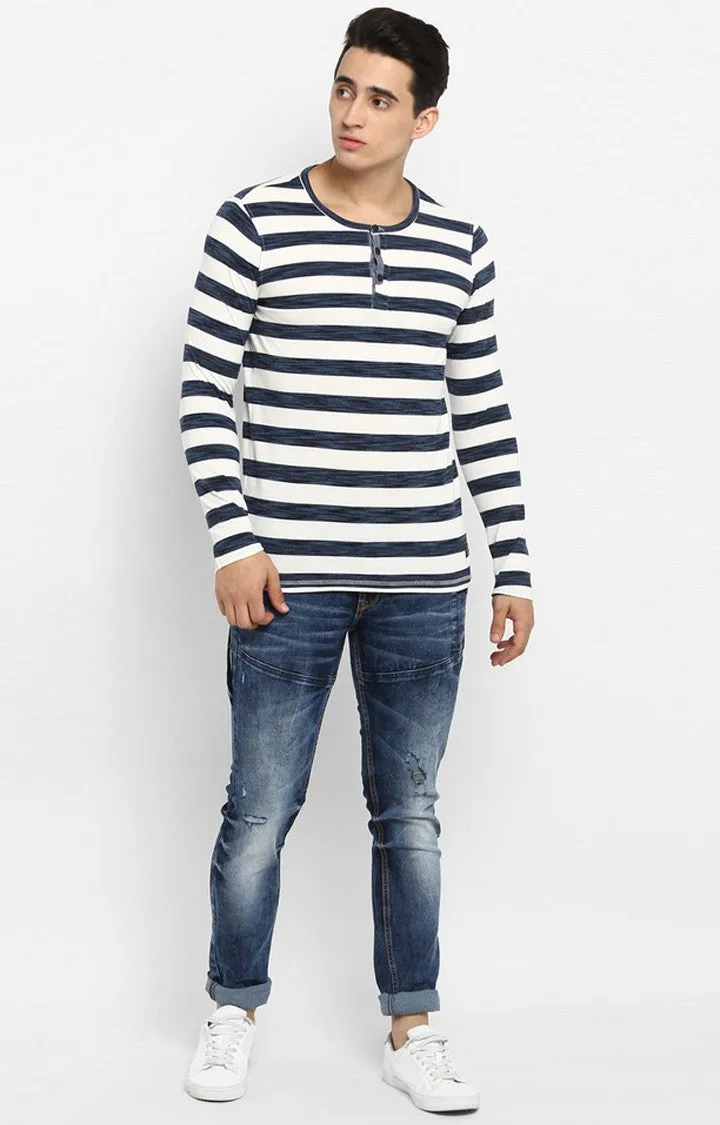 Spykar White and Blue Striped Slim Fit Men T-Shirts