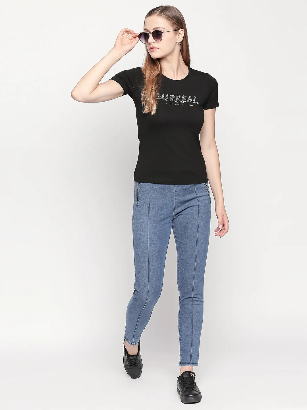 Spykar Women Black Printed Slim Fit T-Shirt