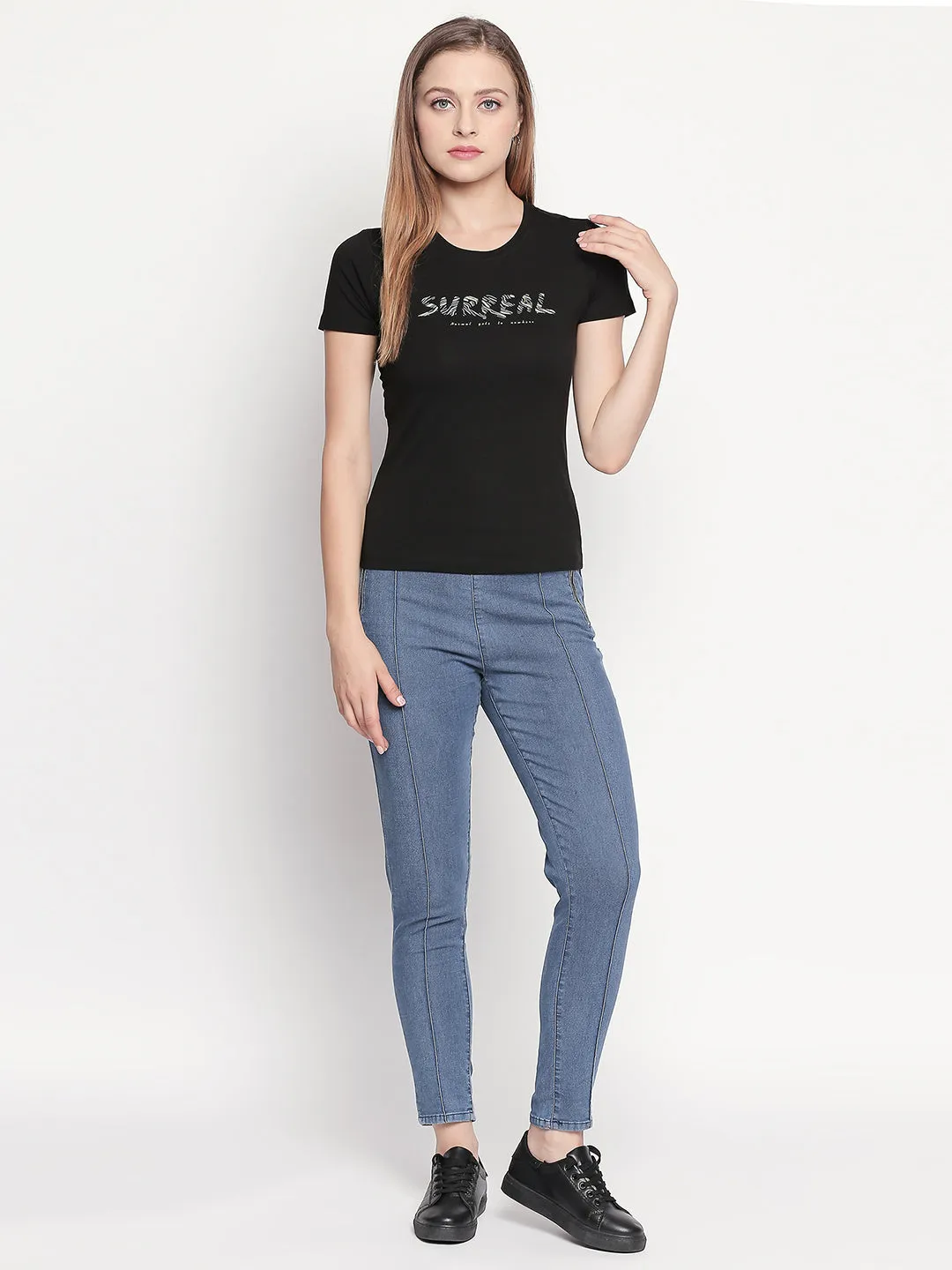 Spykar Women Black Printed Slim Fit T-Shirt