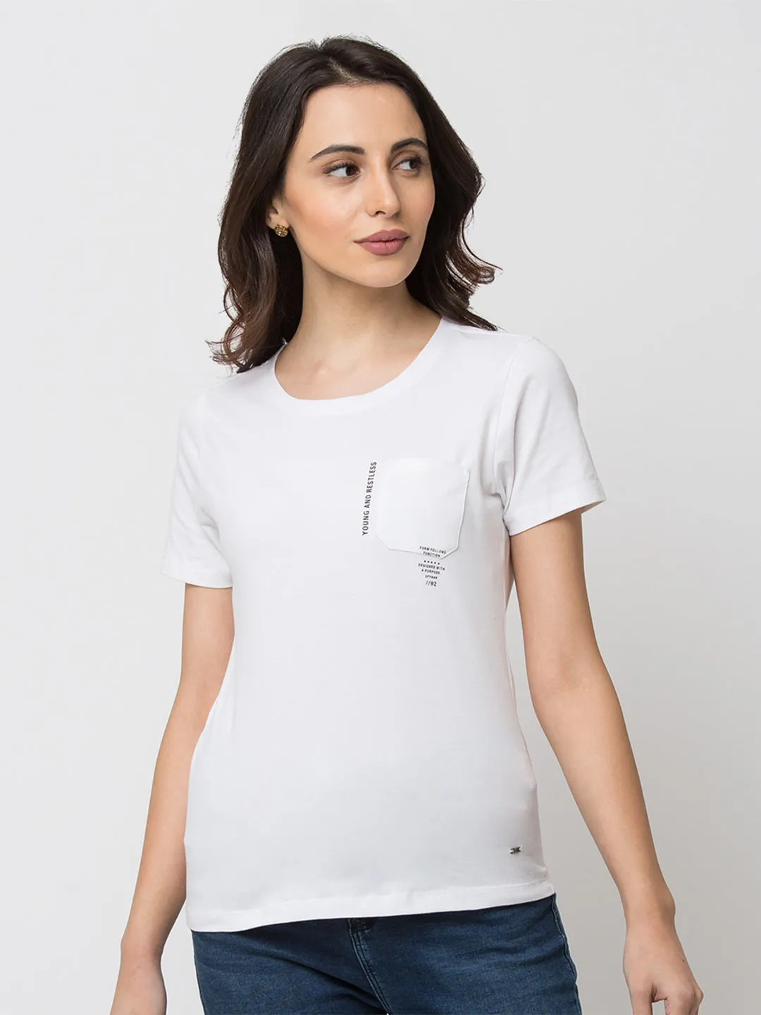 Spykar Women White Lycra Regular Round Neck T-Shirt