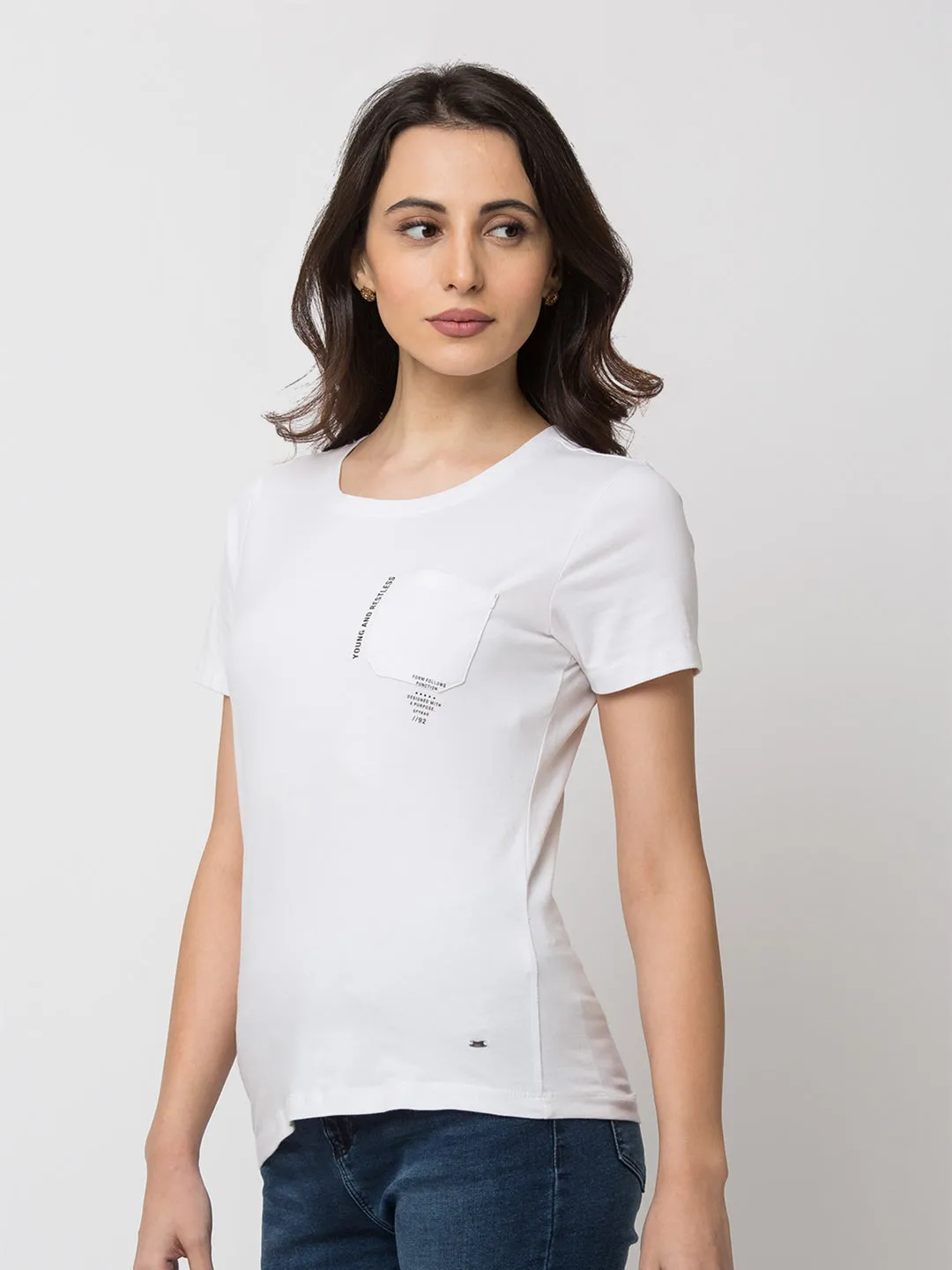 Spykar Women White Lycra Regular Round Neck T-Shirt